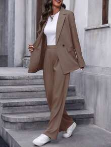 Conjunto de traje informal de mujer con solapa, manga larga y holgado - Café integral - Ver 4