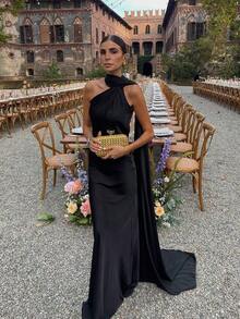 Nuevo elegante vestido largo de satén de unicolor para mujer con cuello halter, botones, cintura alta, espalda descubierta y cintura ceñida, adecuado para bodas, galas, citas y otras ocasiones, color negro primaveral - Negro - Ver 10