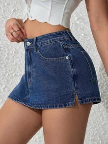 Pantalones cortos de mezclilla casuales y versátiles de unicolor con bolsillo para mujer - Azul lavado medio - Ver 5