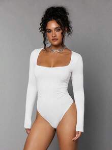 Body De Manga Larga Con Cuello Cuadrado Para Mujer - Blanco - Ver 7