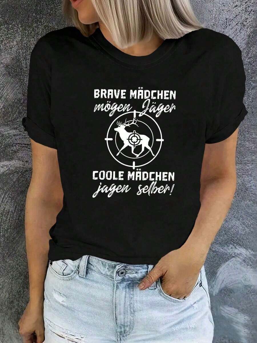 [Free National Shipping] Women's T-Shirt With "Cool Hunt Themselves" Letter Print By German Good Like Hunters, Short Sleeve, Round Neck, Casual Style For Summer And Spring, Women's Clothing, Cotton Women's T-Shirts - 風格 - 查看 1