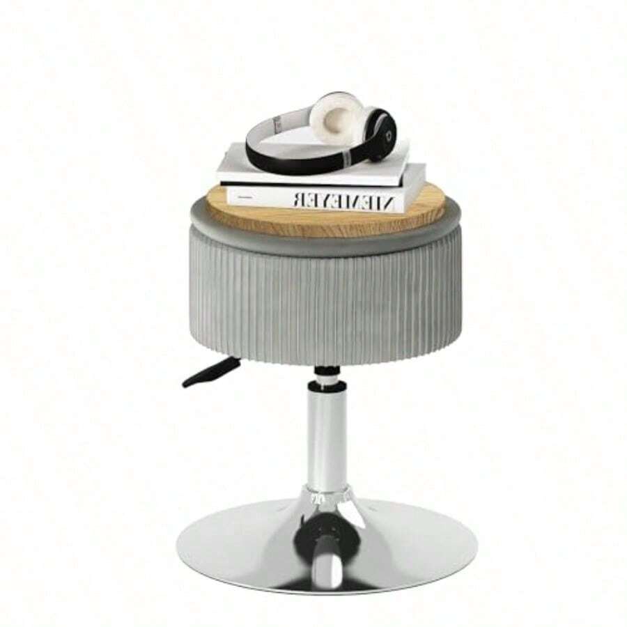 FurnitureR Taburete Redondo Almacenamiento, Taburete Ajustable Altura Giratoria 360°, Otomano Almacenamiento Redondo con Bandeja Extraíble para Sala Maquillaje y Sala Estar Gris - Gris - Ver 1