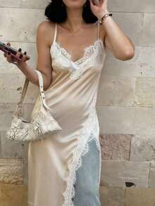 YHHVestido asimétrico con tirantes de espagueti, calado y parches de encaje y satén, estilo retro francés, elegante y sexy, vestido de espalda descubierta de unicolor con empalme de encaje para vacaciones y fiestas de veranoYHH - Negro - Ver 8