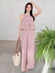 Set de 2 piezas de top sin mangas liso y pantalones de pierna ancha, conjunto de loungewear con volantes para Pascua para mujeres - Rosa - Ver 4