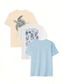 Set Of 3Three Styles Women's Short-Sleeved Round Neck T-Shirts With Letter Print, Palm Trees And Flowers In Eye-Catching Colors, Casual, Versatile And Suitable For Everyday Wear, Holidays And Spring-Summer - White - View 3
