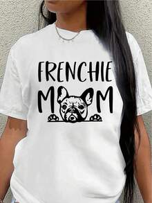 Camiseta de mujer "Mamá Bulldog Francés", de manga corta, con un lindo diseño de bulldog francés, ligera y duradera, perfecta para el hogar, el parque o salidas informales, con estampado en la tela.women's shirts - Blanco - Ver 1