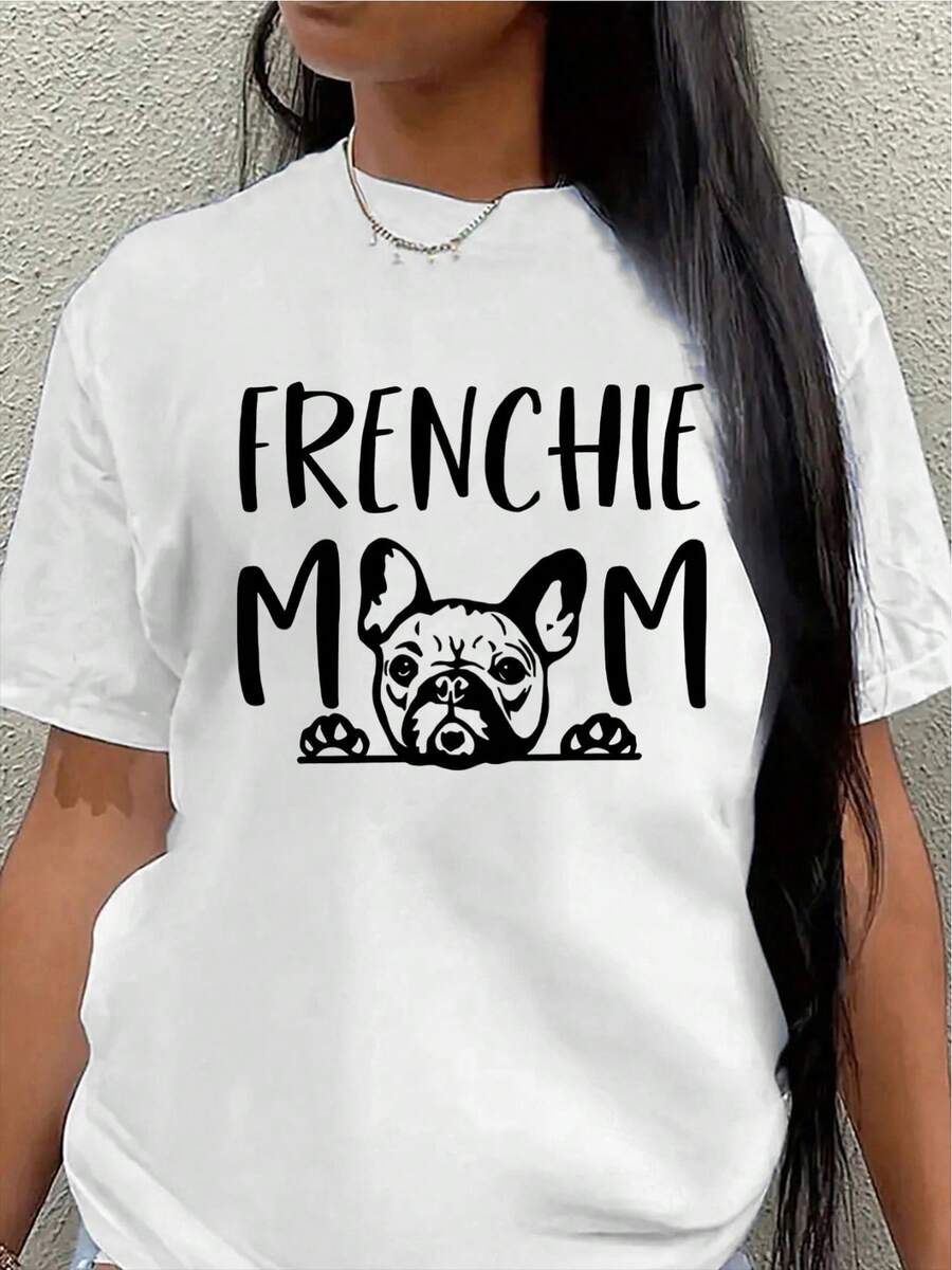 Camiseta de mujer "Mamá Bulldog Francés", de manga corta, con un lindo diseño de bulldog francés, ligera y duradera, perfecta para el hogar, el parque o salidas informales, con estampado en la tela.women's shirts - Blanco - Ver 1