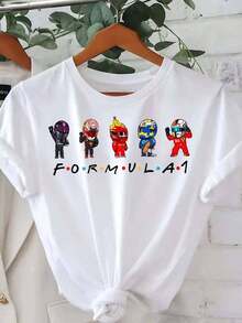 Camiseta gráfica de Fórmula 1 para mujeres - Cuello redondo blanco con pilotos de Fórmula 1 multicolor, ropa deportiva ligera para uso diario y eventos de carreras - Regalo perfecto para fanáticos de las carreras, mercancía de fans, impresión vibrante, fácil cuidado, camiseta de manga corta para entusiastas de Fórmula 1 - Blanco - Ver 1