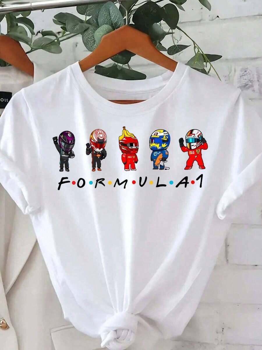 Camiseta gráfica de Fórmula 1 para mujeres - Cuello redondo blanco con pilotos de Fórmula 1 multicolor, ropa deportiva ligera para uso diario y eventos de carreras - Regalo perfecto para fanáticos de las carreras, mercancía de fans, impresión vibrante, fácil cuidado, camiseta de manga corta para entusiastas de Fórmula 1 - Blanco - Ver 1