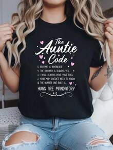 Plus Size Curvy Print T-Shirt For Women - Fun Family Guide Design With Heart Decoration, Round Neck, Short Sleeve, Casual Top, Slightly Stretchy Knit Fabric, Slim Fit - An Ideal Gift For Aunts, Sisters And Nieces, Relaxed Fit Aunt T-Shirt. - 黑色 - 查看 1