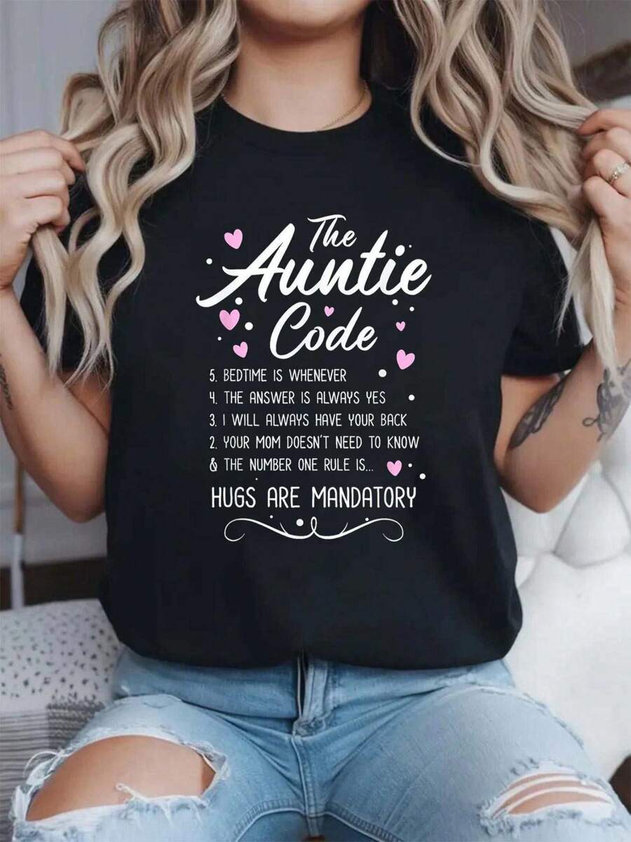 Plus Size Curvy Print T-Shirt For Women - Fun Family Guide Design With Heart Decoration, Round Neck, Short Sleeve, Casual Top, Slightly Stretchy Knit Fabric, Slim Fit - An Ideal Gift For Aunts, Sisters And Nieces, Relaxed Fit Aunt T-Shirt. - 黑色 - 查看 1
