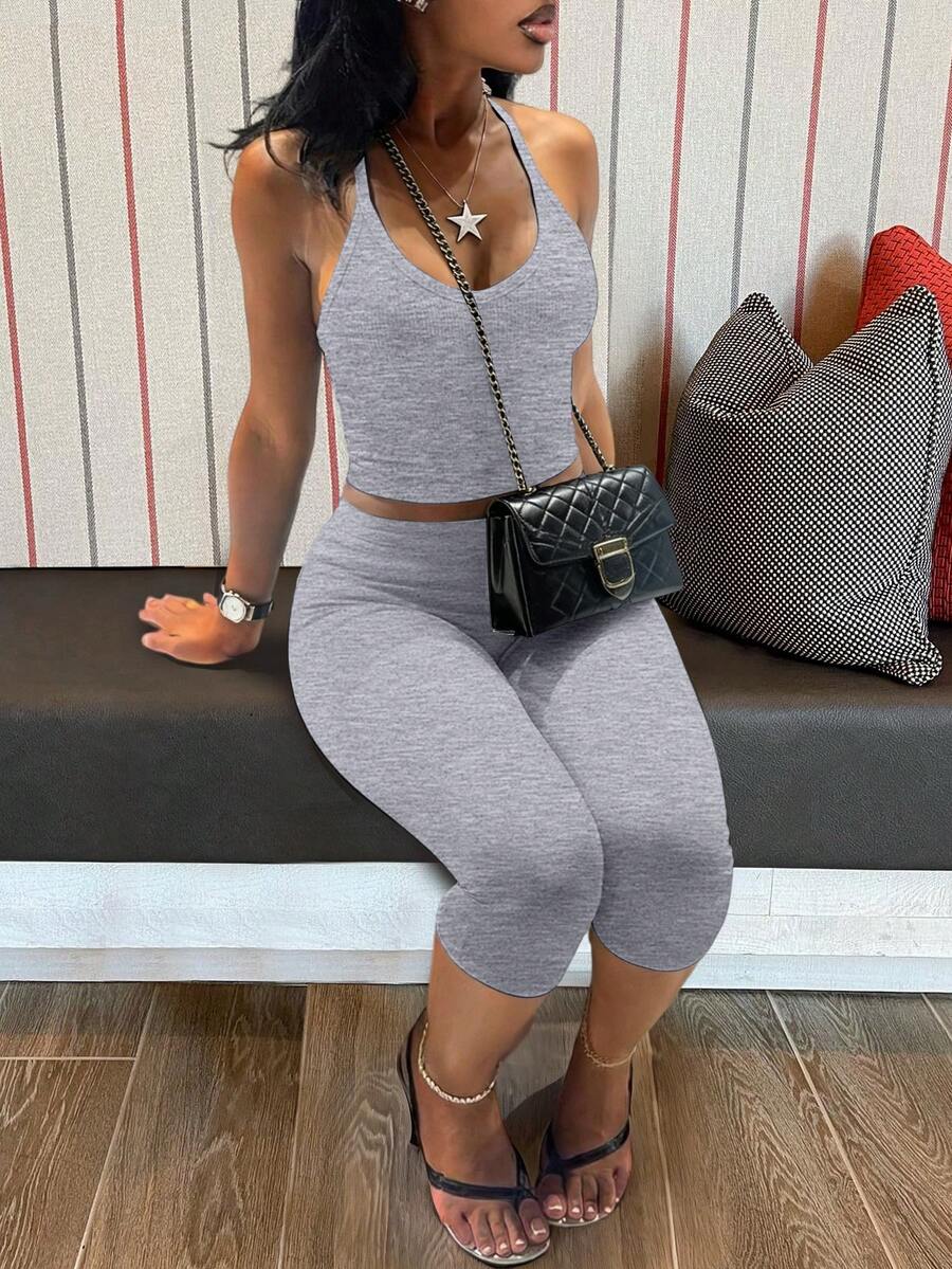 Women's Casual V-Neck Ribbed Knit Tank Top & Slim Fit Capris Solid Color 2-Piece Set Summer Outfit (Top And Pants Fabric Different, Specially Matched)
