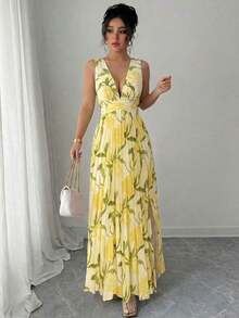 a Vestido elegante y romántico para mujer con cuello en V sin mangas, cintura hueca, plisado en línea A y estampado floral - Amarillo claro - Ver 3
