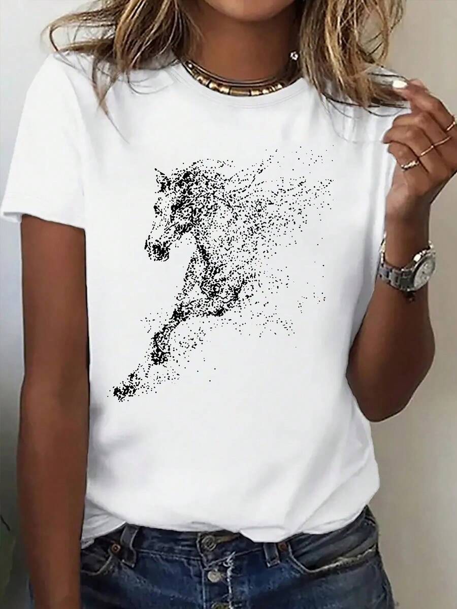 1 New Spring T-Shirt For Women - New Year's Horse Print, Suitable For Sports, Fitness, Running, Fashion And Fun, With A Sleeve Style That Resembles Party Or Graduation Dresses, Ideal For Couple Sets, Sister Sets And As A Short Sleeve T-Shirt That Is An Excellent Gift. - 白色 - 查看 1