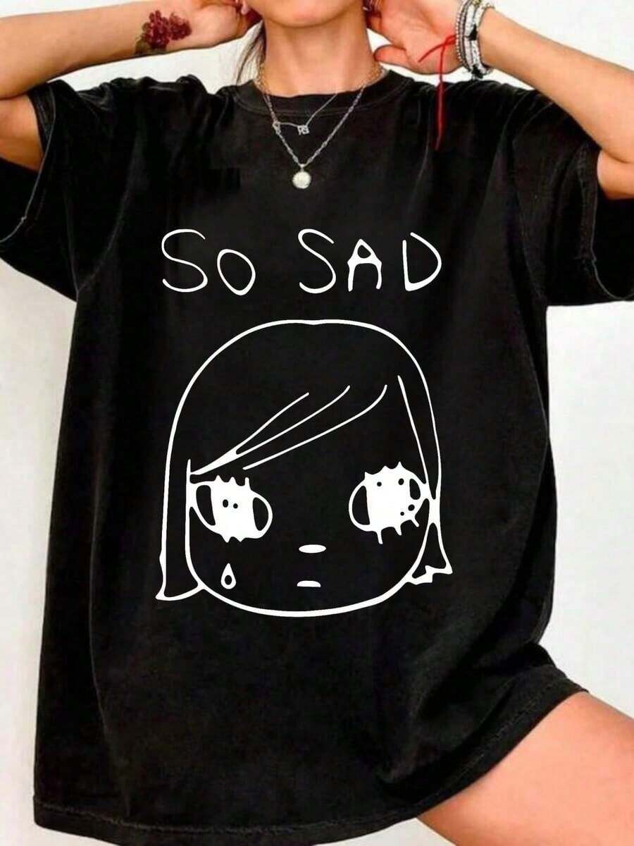 Yoshitomo Nara So Sad, Camiseta 100% Algodón Suave y Ligera, Agradable al Tacto - Negro - Ver 1