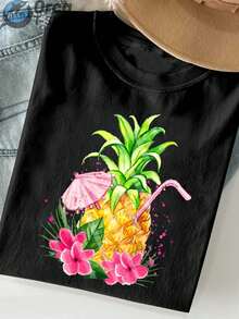 Una camiseta de mujer de manga corta, holgada, moderna, a la moda, retro y elegante, adecuada para actividades al aire libre en primavera y verano, con estampado tropical.Camiseta de mujer con estampado de piña y paraguas, perfecta para vacaciones de verano en la playa, un regalo para mujeres.blusas para mujer,blusas casuales para dama,tops,, mujer premium,y2k,playeras de mujer curvy,ofertas y liquidaciones ropa mujer,playeras deportivas para mujer,,playeras de hombre, mujer,blusas>elegante L16Z - Negro - Ver 1