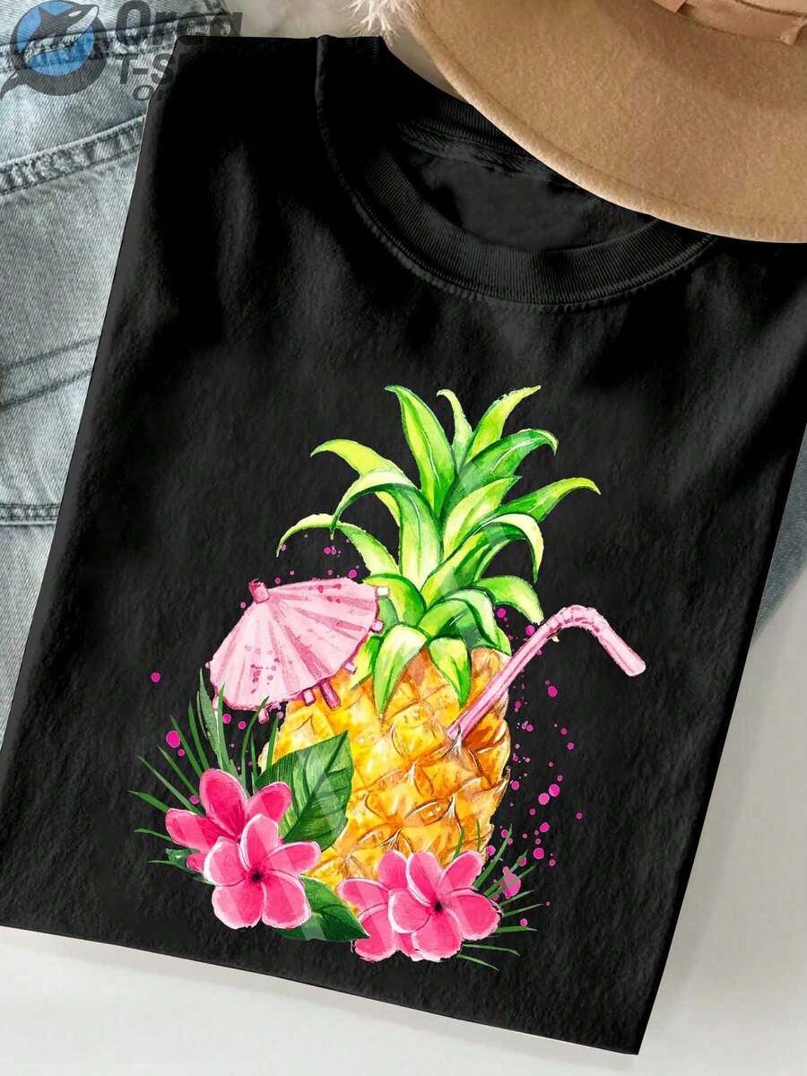 Una camiseta de mujer de manga corta, holgada, moderna, a la moda, retro y elegante, adecuada para actividades al aire libre en primavera y verano, con estampado tropical.Camiseta de mujer con estampado de piña y paraguas, perfecta para vacaciones de verano en la playa, un regalo para mujeres.blusas para mujer,blusas casuales para dama,tops,, mujer premium,y2k,playeras de mujer curvy,ofertas y liquidaciones ropa mujer,playeras deportivas para mujer,,playeras de hombre, mujer,blusas>elegante L16Z - Negro - Ver 1