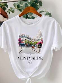 1 Women's T-Shirt With Paris Montmartre Print - Red Mill Print T-Shirt, Soft And Breathable, Casual Top For Everyday Wear, Suitable For Travel And French Culture Enthusiasts - Non-See-Through Women's T-Shirt For Everyday Wear, 180g, 100% Cotton. - 白色 - 查看 6