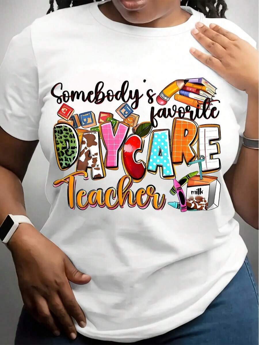 Exclusive T-Shirt With Cartoon Stationery Print For Early Childhood Education Teachers, Loose Fit, Slimming Effect, Casual Short Sleeve For Everyday Wear - 白色 - 查看 1
