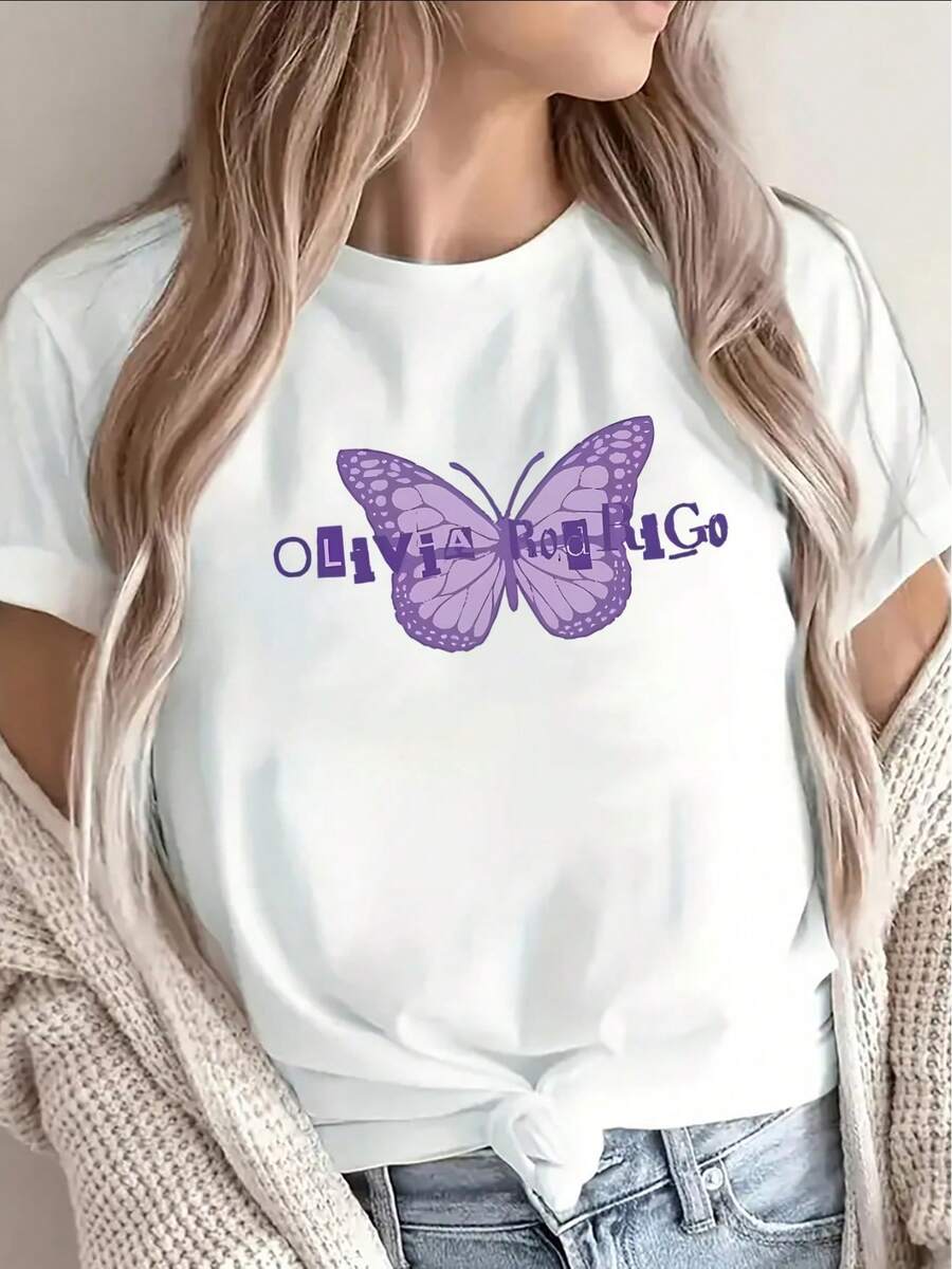 1 Black Polyester Short-Sleeved T-Shirt, Decorated With A Purple Butterfly Pattern, Lightweight And Durable, Suitable For Home, Restaurant Or Casual Outdoor Wear, Comfortable For Everyday Use. 100% Cotton, 180g. - 白色 - 查看 1