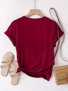 Women's Elegant Printed T-Shirt - Summer Fashion, Stylish Design, Comfortable And Breathable, Round Neck T-Shirt, Soft Material, Suitable For Everyday Wear And Outdoor Activities In Autumn And Summer, Casual Yet Elegant Clothing For Women. PCMN - 紅色 - 查看 2