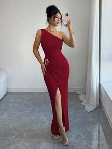 Nuevo vestido maxi de mujer de unicolor y sexy con hombro asimétrico, retorcido y fruncido, con cuello asimétrico, textura de punto y estilo ajustado, con diseño retorcido y con abertura, atuendo elegante para mujer, vestido para fiesta de primavera/verano, vacaciones, San Valentín - Gris - Ver 7