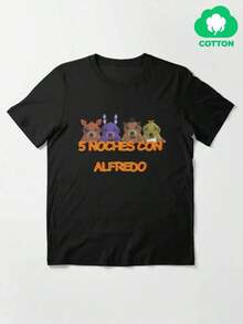 Women's Blouses. Black Cotton T-Shirt For Men And Students - Five Nights With Alfredo Print, Breathable And Relaxed Short Sleeve, Ships From Mexico, Casual Wear For All Seasons, Fun Design, Cartoon Graphics, Comfortable Fabric, Crew Neck, Lightweight, Summer T-Shirt, Student Clothing. - 黑色 - 查看 1