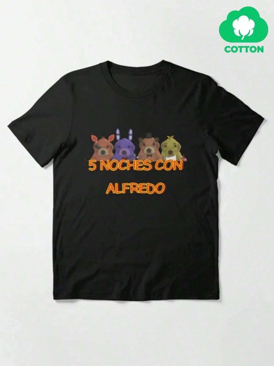 Women's Blouses. Black Cotton T-Shirt For Men And Students - Five Nights With Alfredo Print, Breathable And Relaxed Short Sleeve, Ships From Mexico, Casual Wear For All Seasons, Fun Design, Cartoon Graphics, Comfortable Fabric, Crew Neck, Lightweight, Summer T-Shirt, Student Clothing. - 黑色 - 查看 1