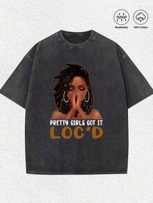 1 Black Hair Culture Brand T-Shirt, With "Pretty Girls Got It Loc'd" Graphic Print, Afro-Centric Fashion T-Shirt, Casual Print, Comfortable And Versatile, Letter Pattern Printed T-Shirt In 180g Pure Cotton, 100% Cotton. - 黑色 2 - 查看 1