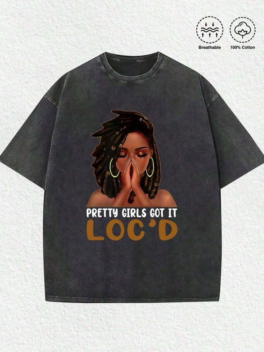 1 Black Hair Culture Brand T-Shirt, With "Pretty Girls Got It Loc'd" Graphic Print, Afro-Centric Fashion T-Shirt, Casual Print, Comfortable And Versatile, Letter Pattern Printed T-Shirt In 180g Pure Cotton, 100% Cotton. - 黑色 2 - 查看 1