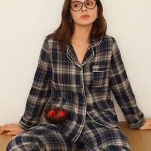 Doze Lane Cotton Fabric Plaid Casual Lapel Collar Long Sleeve Pajama Set For Women Plaid Pajamas Women Pajama Set Fall Pajamas For Women Comfy Pajama Set Checkered Pajamas Women Pajama Sets Comfy Pajama Sets Winter Pajamas Fall Clothes, Cozy And Elegant Details - Marrón - Ver 5