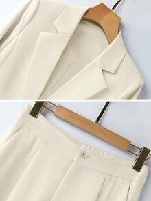 Women's Spring/Summer Commuter Pleated Design 3/4 Sleeve Loose Single-Breasted Blazer & Wide Leg Pants Set - Apricot - View 7