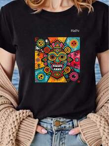 Limited Time Offer, Limited Quantity Available, Lightning, Women's Shirts, Women's T-Shirts. Women's Oversized Black T-Shirt, Short Sleeve, Round Neck, Colorful Graffiti  Mask Print, Casual Mexican Style For Everyday Wear - 黑色 - 查看 3
