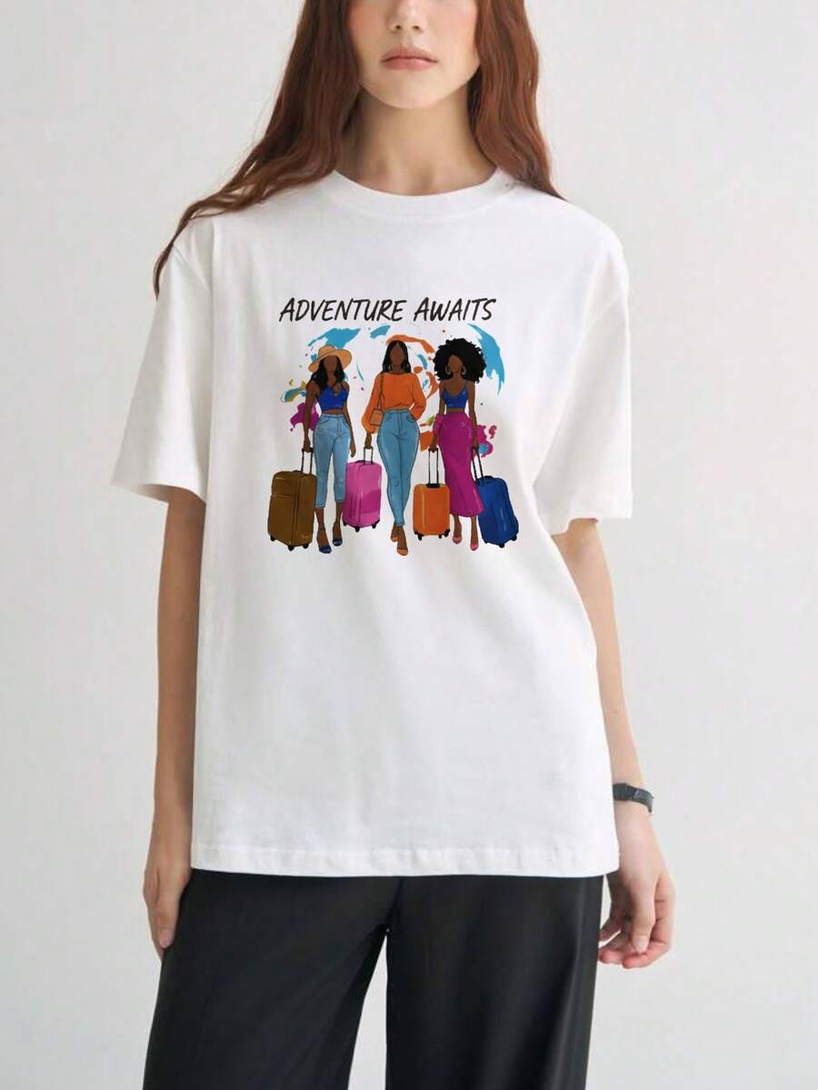 Premium Casual Women's T-Shirt. Adventure Is Calling. Travel Theme. Summer Outfit. Excellent Gift. . - Putih - View 1