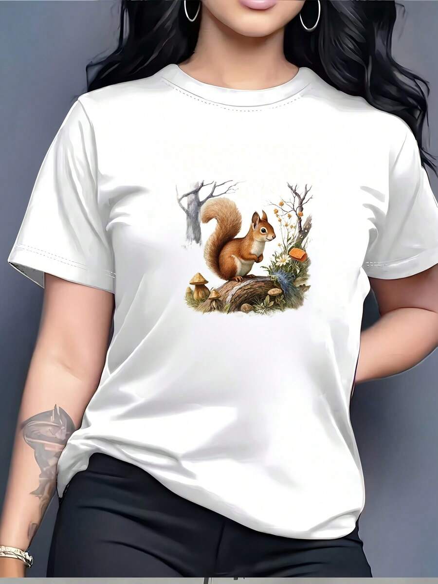 Camiseta de algodón con estampado de ardilla del bosque - El regalo perfecto para amigos y familiares, ideal para uso diario casual, fiestas de oficina y actividades de team-building - Tela ligera y transpirable. Camiseta de manga corta cómoda y versátil. - Blanco - Ver 1