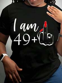 Women's Cotton T-Shirts, "I Am 49 Plus One Year Old Birthday Shirt For Women" Funny Celebration Gift T-Shirt, Birthday Party Wear Casual Top, Basic Women's Blouses - 黑色 - 查看 2