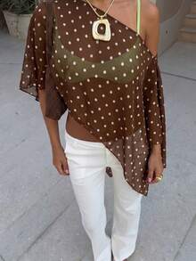 (Estilo ligero) Cubre-todo transparente de punto sin mangas y corto sexy para mujer, adecuado para primavera/verano, viajes, vacaciones y playa, nuevo diseño calado - Café integral - Ver 2