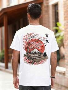 The Hottest Item Of The Summer: Men's Short-Sleeved Crew Neck T-Shirt With Embroidered Sakura And Mountain Print, Minimalist Summer Fashion. | Basic Casual Urban Style T-Shirt, Boyfriend Gift, Stylish, Popular, Party T-Shirt. - 白色 - 查看 7