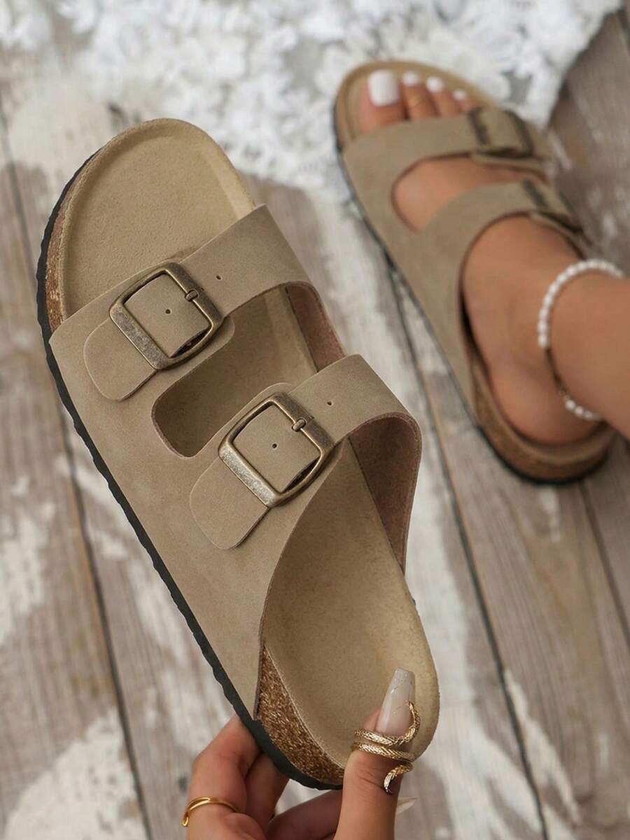 Women's Sandals Flats Soft Open Toe Summer Slide With Adjustable Buckle Slippers Shoes - 駝色 - 查看 1