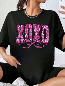 Women's Xoxo Pink Floral Print Oversized T-Shirt, Casual Fashion, Loose Fit, Valentine's Day Gift - 黑色 - 查看 1