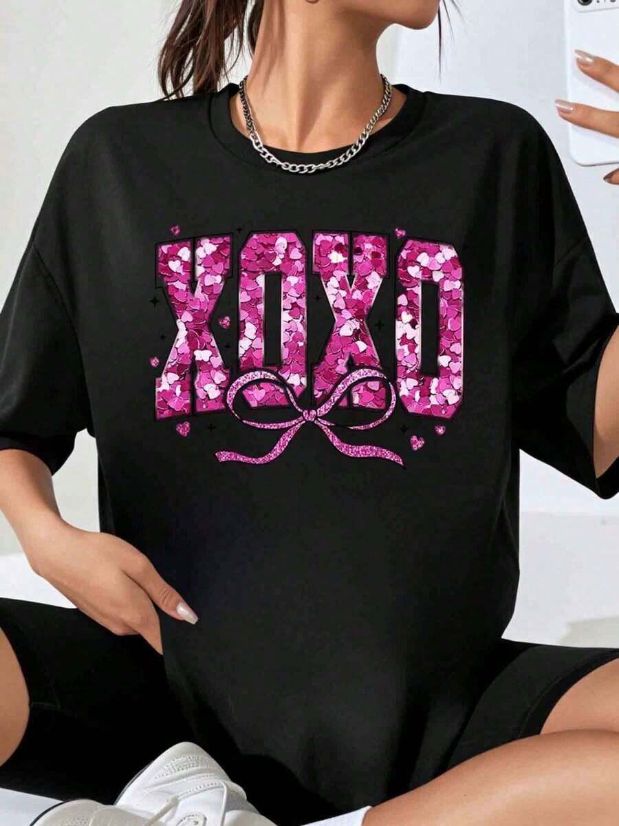 Women's Xoxo Pink Floral Print Oversized T-Shirt, Casual Fashion, Loose Fit, Valentine's Day Gift - 黑色 - 查看 1