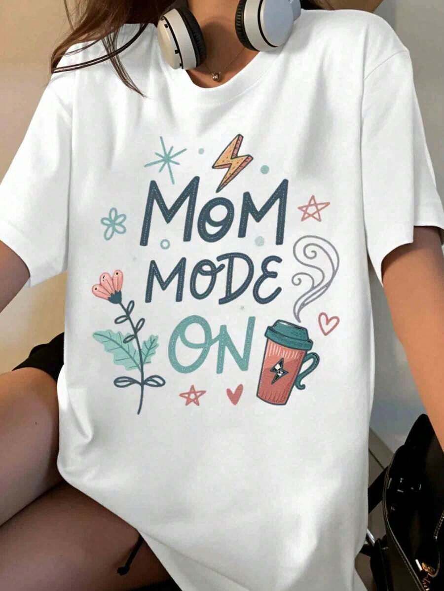 Women's "Mom Mode On" T-Shirt, Funny Gift For Mom, Mother's Day T-Shirt With Coffee And Flowers Design, Perfect For Casual Wear And Daily Activities [Suitable For Leisure And Sports Occasions] - 白色 - 查看 1