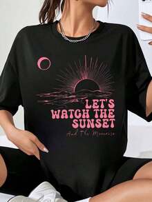 Let's Watch The Sunset And Moonrise, Women's Graphic T-Shirt, Plus Size, Pink Print, Casual Top, Fashion T-Shirt. - 黑色 - 查看 7