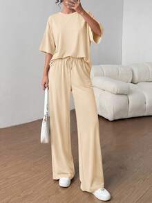 PRETTYGARDEN Women's Summer Clothes 2 Piece Sets Lounge For Short Sleeve Matching Airport Travel Outfits Casual Beige Vacation Summer Brunch Outfits For Women Mothers Day Outfit - 米色 - 查看 5