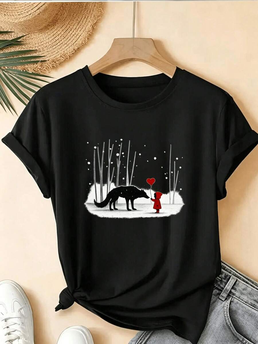 Soft And Fashionable, Women's Winter Short-Sleeved Shirt Featuring Little Red Riding Hood And The Wolf, Elegant Blouses For Ladies. - 黑色 - 查看 1