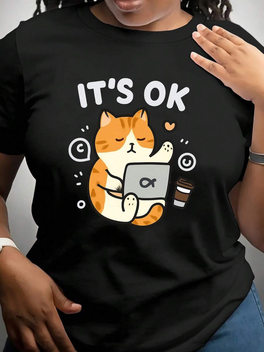 Women's Casual Top. Women's T-Shirt With A Funny Cat Meme "No Problem" For The Office - Short-Sleeved, Crew-Neck Casual Top Made Of 180g Milk Yarn, Medium Stretch, Machine Washable For Spring, Summer, And Fall. Cat T-Shirt, Spring Fashion, Cartoon Print T-Shirt, Stretchy Fabric. A Must-Have For Everyday Casual Wear. - 黑色 - 查看 1