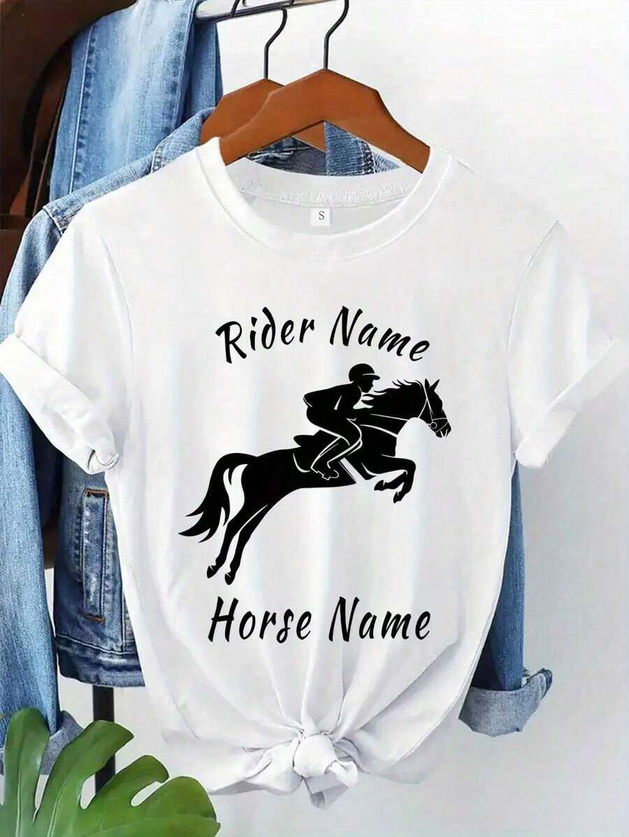 Women's Cotton Crew Neck Casual T-Shirt With Custom Text For Horse Enthusiasts, Personalized T-Shirts, Business Logo T-Shirts, Team Apparel, Halloween Gifts, And T-Shirts With Your Custom Text. 100% Cotton. Simple T-Shirt For Everyday Wear - 白色 - 查看 1