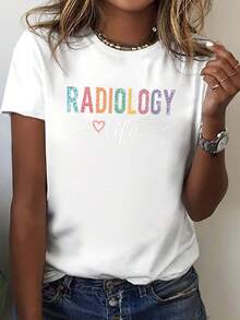 Leopard Print T-Shirt For Radiology Students, Casual Short Sleeve Round Neck Top, Suitable For Summer And Spring, Women's Clothing, Blouses For Women. - White - View 1