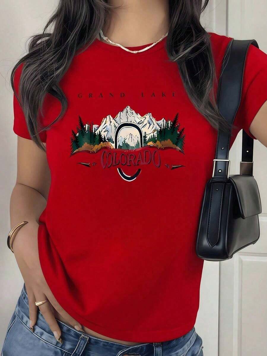 100% Cotton. Snow-Capped Mountains Surrounded By Pine Trees Evoke The Serenity Of Grand Lake And The Free Spirit Of Colorado. Natural Landscape Painted In Vibrant Colors. Women's 100% Cotton T-Shirt, Comfortable Fit For Everyday Wear. Women's Simple Solid Color T-Shirt, Loose And Slim Fit Casual Short Sleeve - 紅色的 - 查看 1