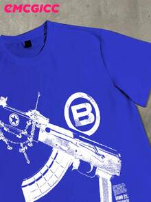 Men's Cute Unisex Premium Casual T-Shirts EMCIGCC Y2k Style (220 Pure Cotton T-Shirt) With Fun Retro Graphic Print, Hip Hop, Summer T-Shirts For Men, Crew Neck, Short Sleeve, Casual T-Shirt, Summer Urban Sports Style For Men - 藍色 - 查看 2